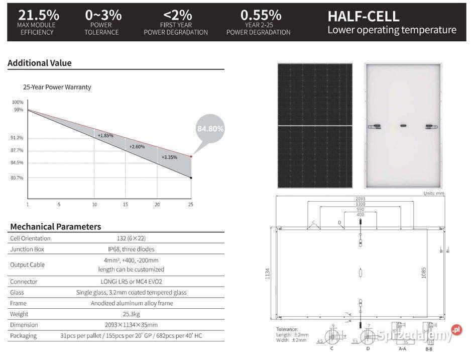 TOP Panel PV LONGI SOLAR 495W HalfCut Silver małopolskie sprzedam