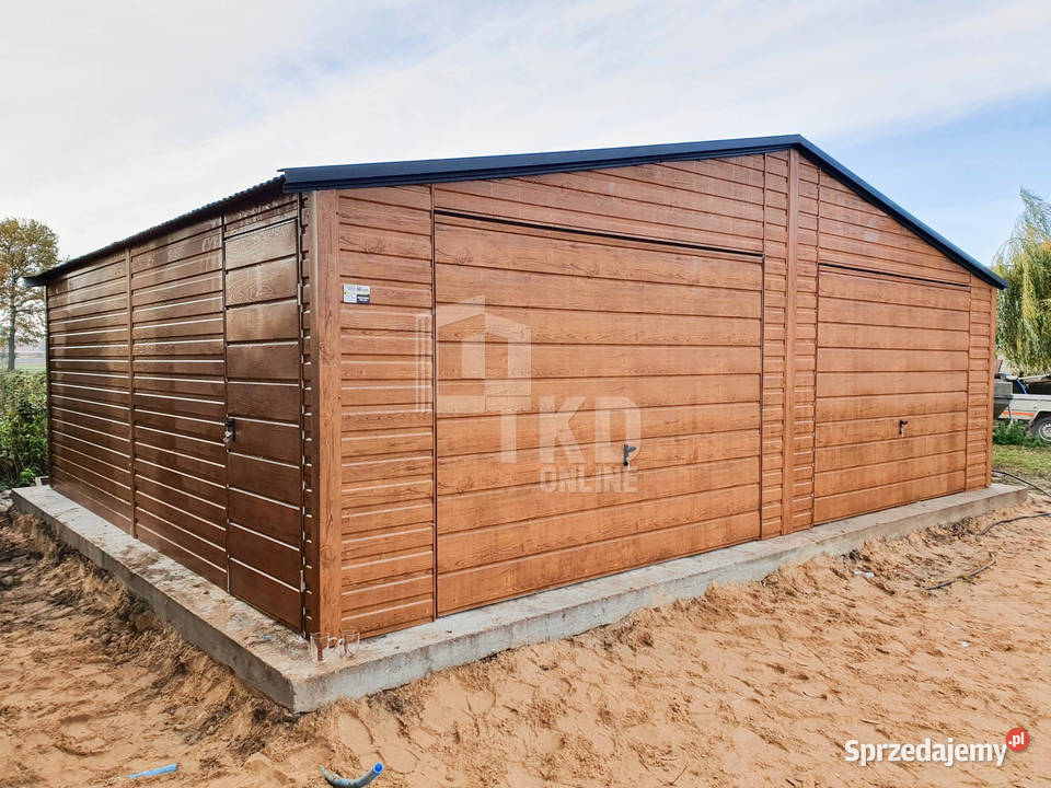 Garaż Blaszany 75x6 2x Brama okno jasny orzech