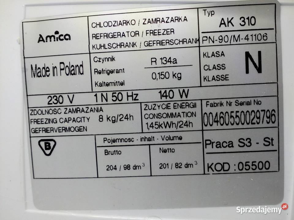 Lodówka AMICA AK310 Półka ze szkła hartowanego Rzeszów