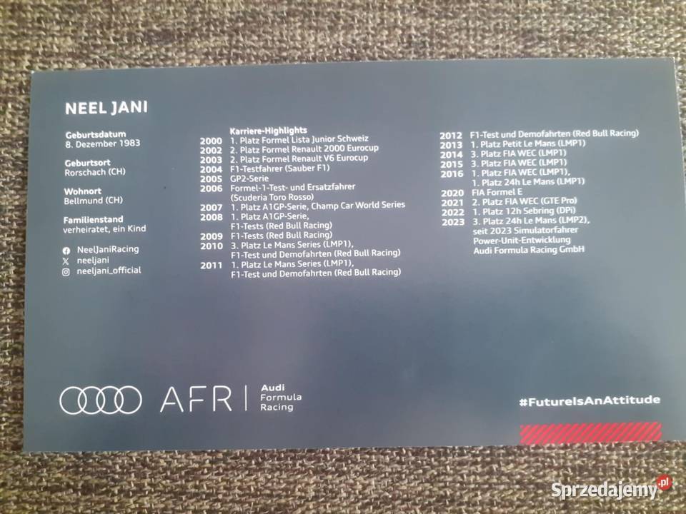 Autograf Neel Jani Audi Formula Racing Warszawa sprzedam