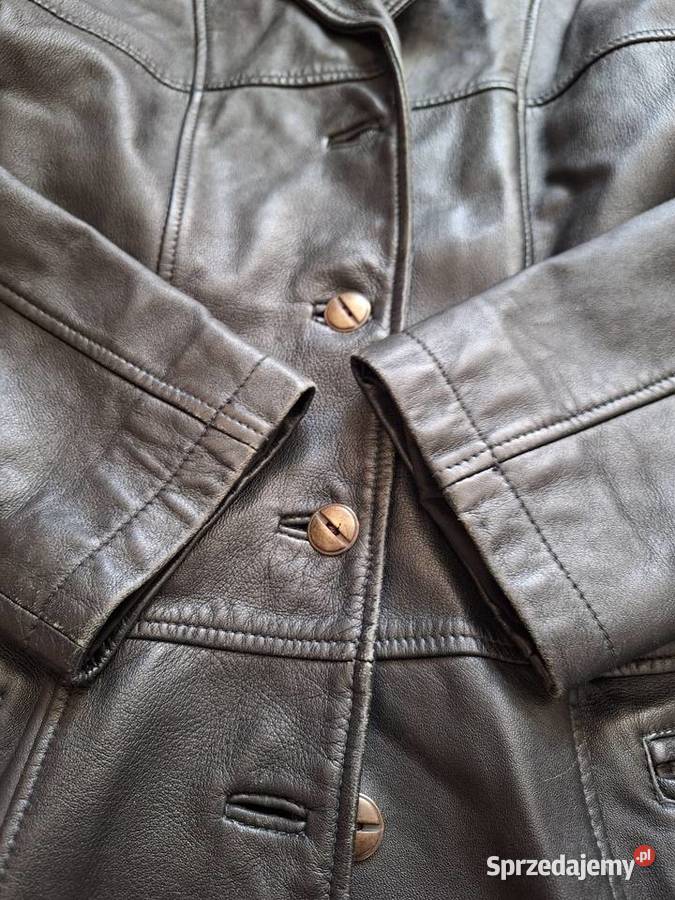 Piękny czarny skórzany czarny płaszcz skóra Kraków