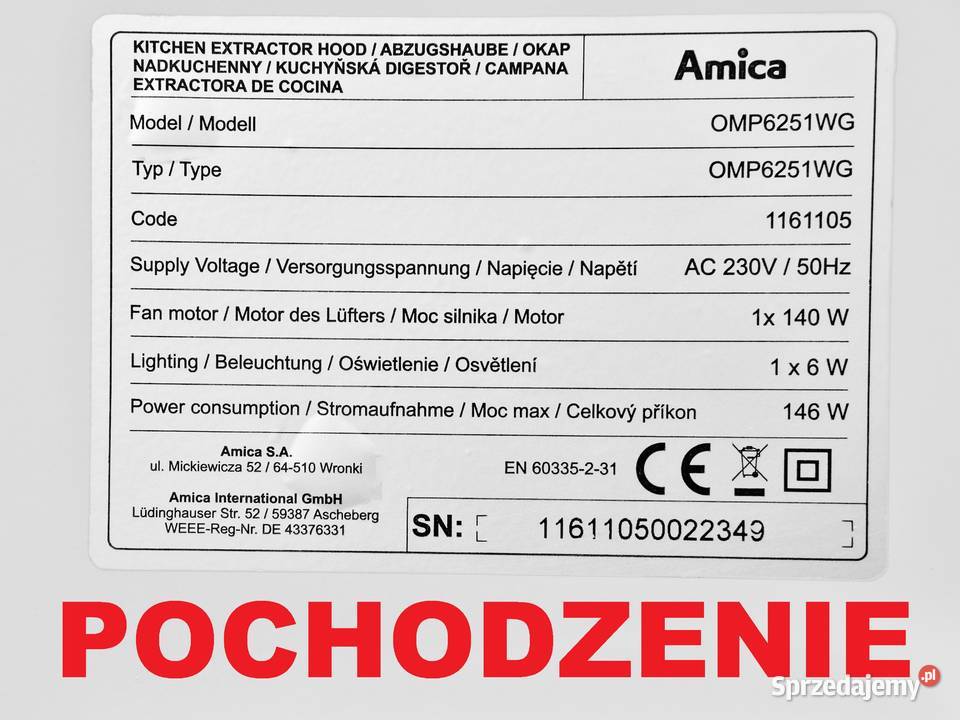 Panel szklany biały do okapu Amica OMP6251WG Bydgoszcz