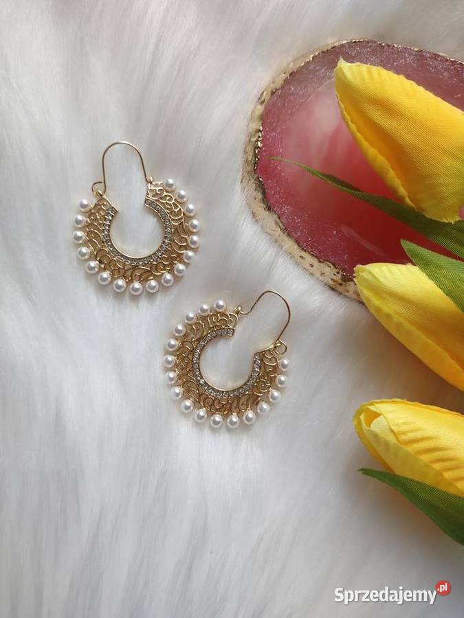 Złote kolczyki koła z cyrkoniami i perełkami małopolskie