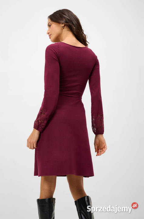 NOWA sukienka z dzianiny rękaw z koronką bordowa mazowieckie Warszawa