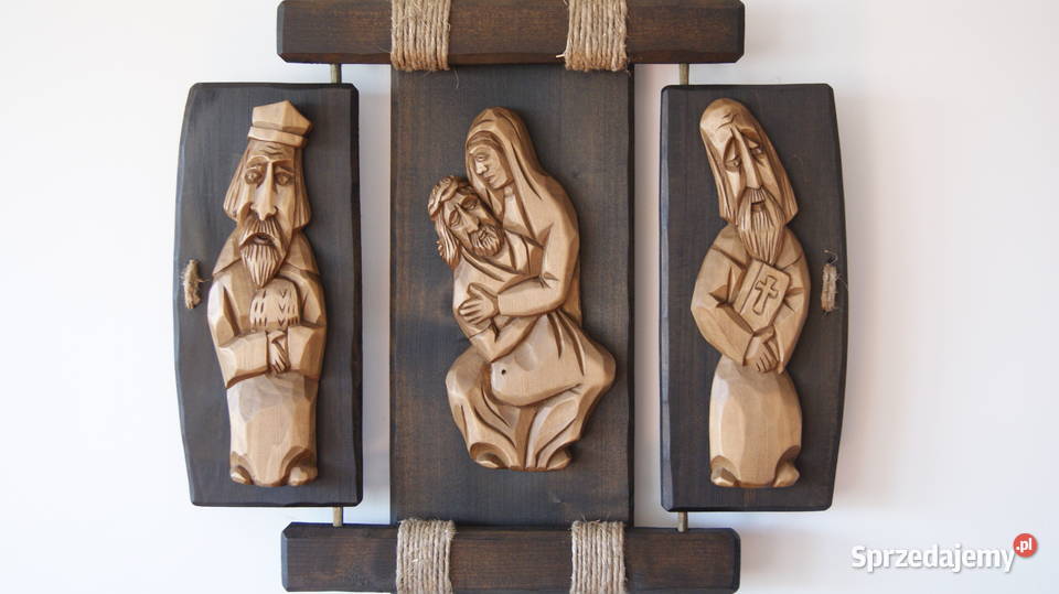 Duży tryptyk płaskorzeźba drewno rękodzieło Łódź