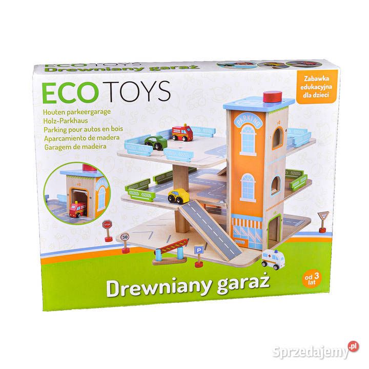 Drewniany garaż 3poziomowy z windą i autkami