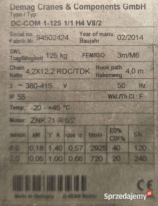 Wciągarka Demag 125 udźwig 1300 2 Wschowa