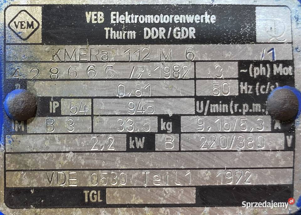 silnik elektryczny 22kW 945obr 3fazowy VEM kujawsko-pomorskie Pigża