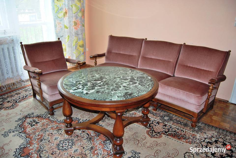 Stylowy stół stolik retro elegancki blat marmur, nogi drewno