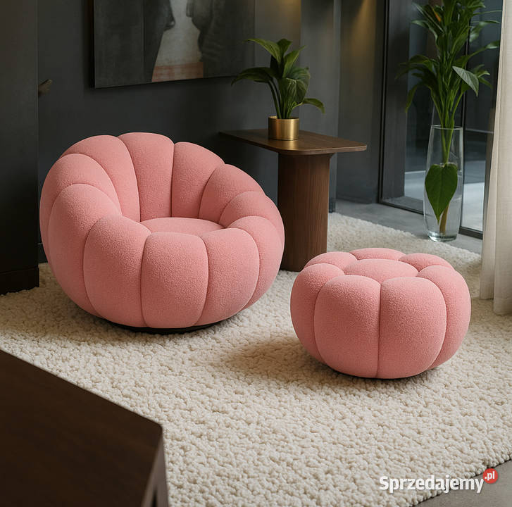 Designerski Fotel Z Podnóżkiem Dynia Różne Tarchały Małe