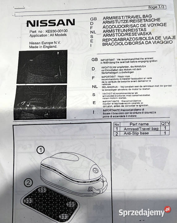 PODŁOKIETNIK TYLNEJ KANAPY ZE SCHOWKIEM NISSAN osobowe Warszawa