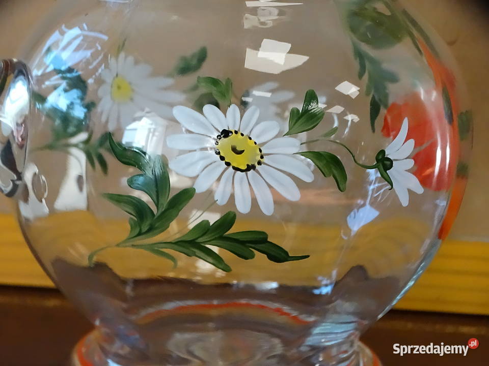 Szklany dzbanek vintage ręcznie malowany maki lubelskie Biłgoraj