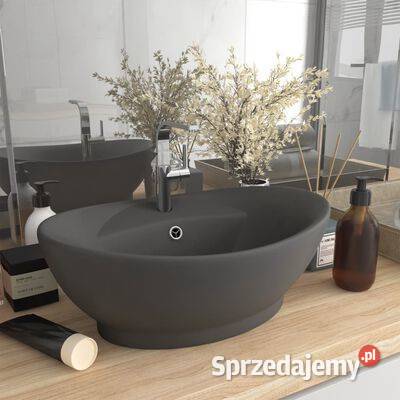 Owalna umywalka z przelewem matowy szary 585x39 Umywalki
