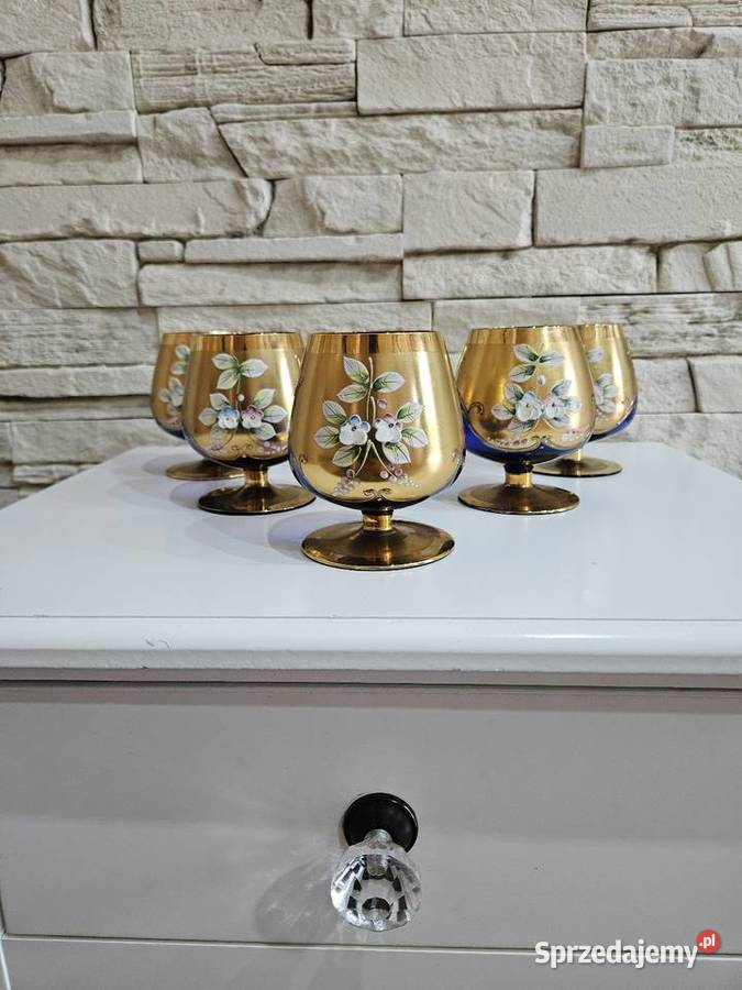 Zabytkowy komplet kieliszków do koniaku cobalt Porcelana i szkło Kowal