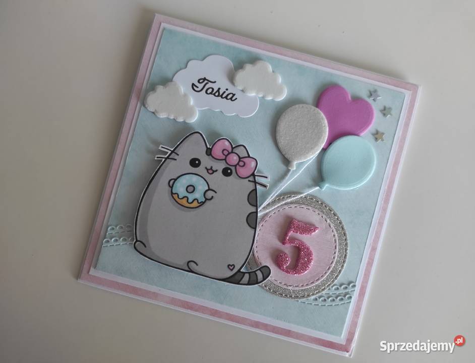 Kartka ręcznie robiona na urodziny kotek Pusheen Łódź