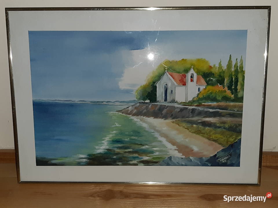 Obraz akwarela oryginał 50x70 Morze kościół Cypr
