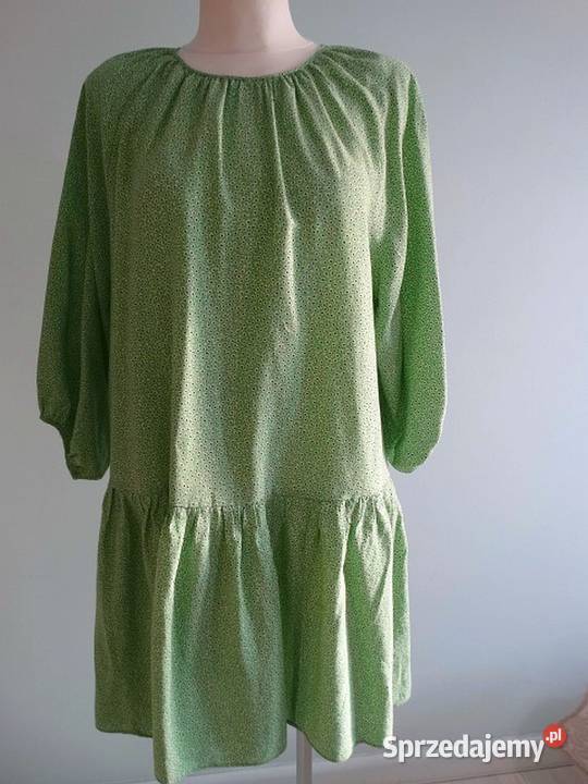 Sukienka HM Trapezowa Limonkowy Kolor Drobne Rozkloszowana  Łomża