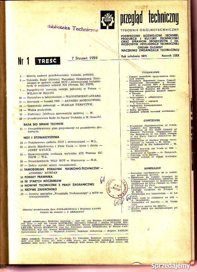 PRZEGLĄD TECHNICZNY 1959 POŁOWA ROCZNIKA Czyrna