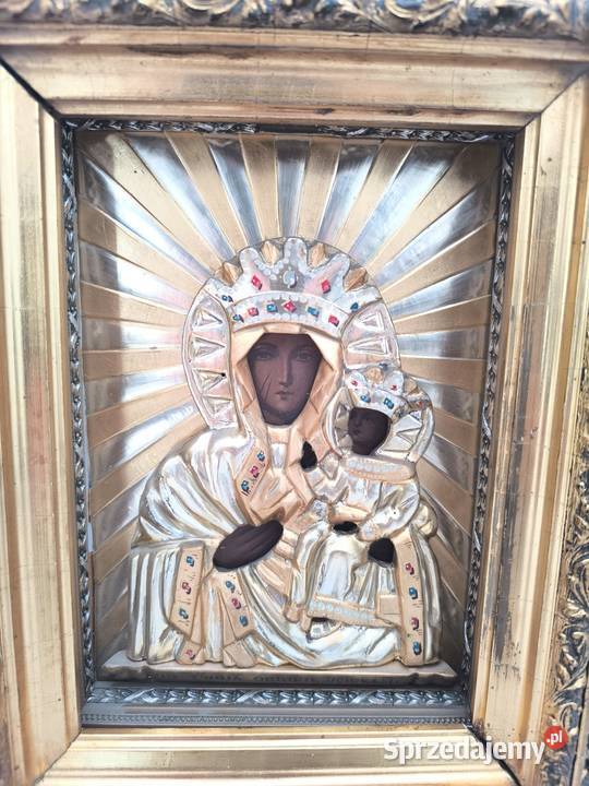 Piękna stara oryginalna ikona XIX wieczna Matka Łódź