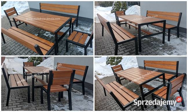 Stół ogrodowy drewniany loft 2 ławki 2 fotele metal