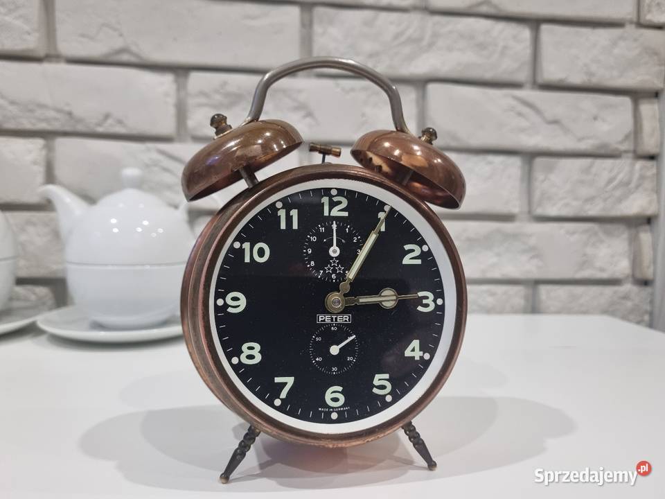 Budzik Stary PETER miedziany mechaniczny Porcelana i szkło Solnica