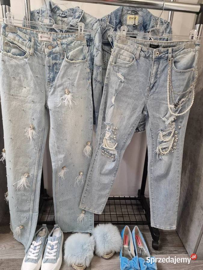 Spodnie Jeansowe Xs S M piórka perełki Żywiec