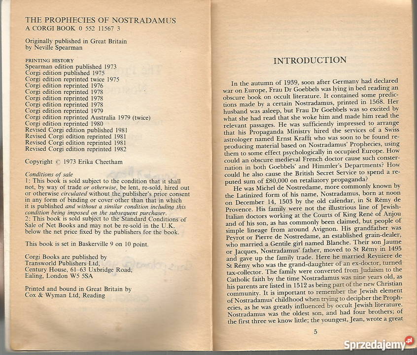The Prophecies of NOSTRADAMUS Erika Cheetham Rok wydania 1973 Pozostałe Pacanów