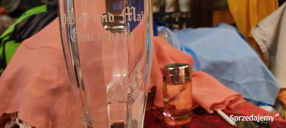 Stary duży kufel kryształowy z przykrywką cynową Antyki, Sztuka, Kolekcje