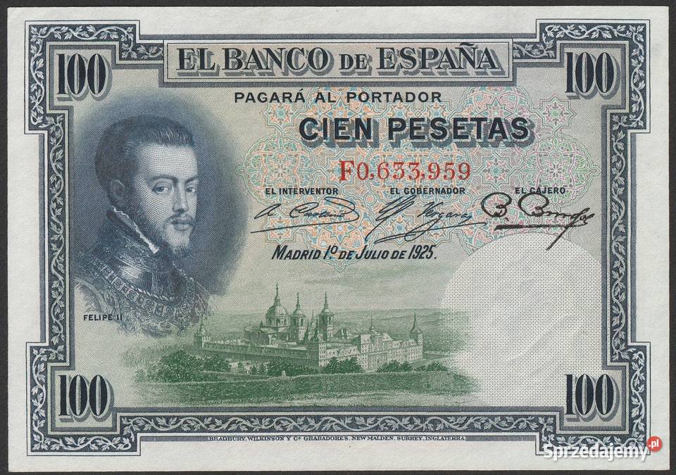 HISZPANIA 100 PESET 1925 FILIP II STAN BANKOWY Łódź