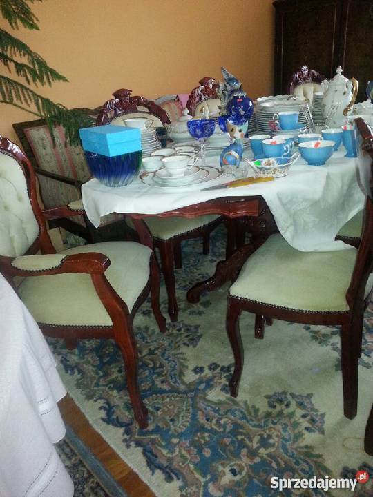 Stół z intarsją z 4 krzesłami i 2 fotelami Gdańsk