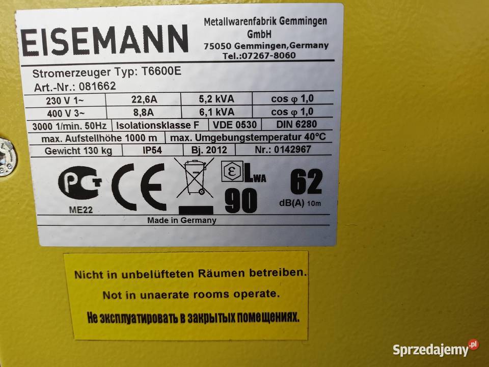 Agregat prądotwórczy EISEMANN T6600E Honda Gaz Kolno sprzedam