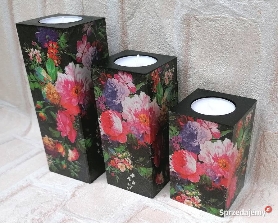 Komplet 3 dużych świeczników decoupage prezent odcienie szarości Halinów