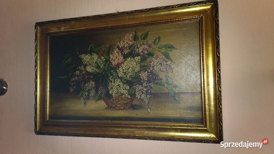 Piękny i stary obraz olejny koniec XIX w Bzy Opole