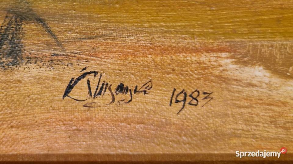 OBRAZ z pejzażem w ramie z autografem płótno Lublin