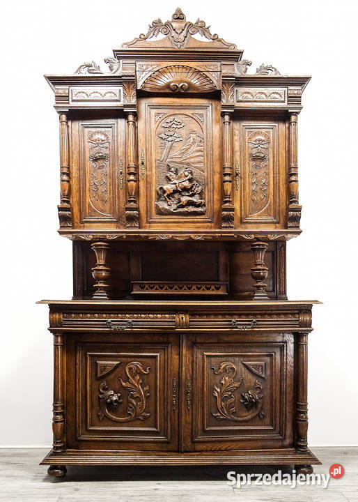 Antyk Wysoki KREDENS DĘBOWY z XX wieku motyw 255cm Kalisz