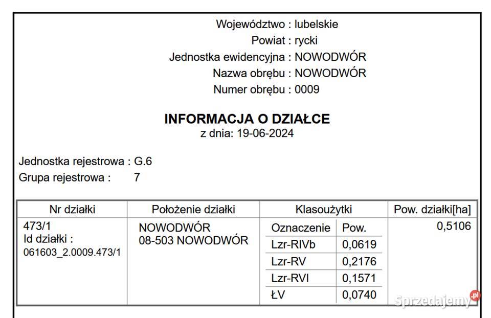 sprzedam DZIAŁKĘ pow05 ha Nowodwór k Ryk lubelskie Ryki