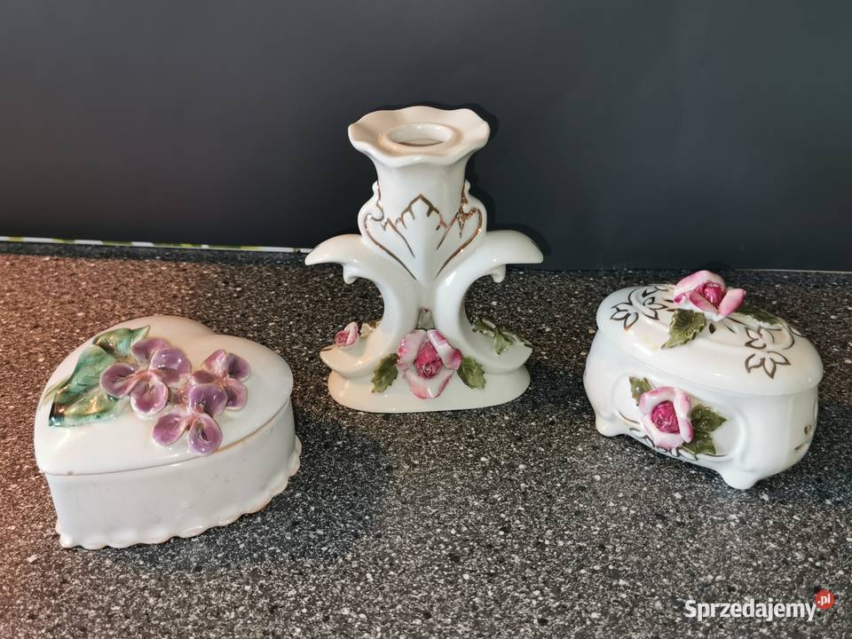 Świecznik Puzderka zestaw Stara ażurowa Porcelana i szkło Piastów sprzedam