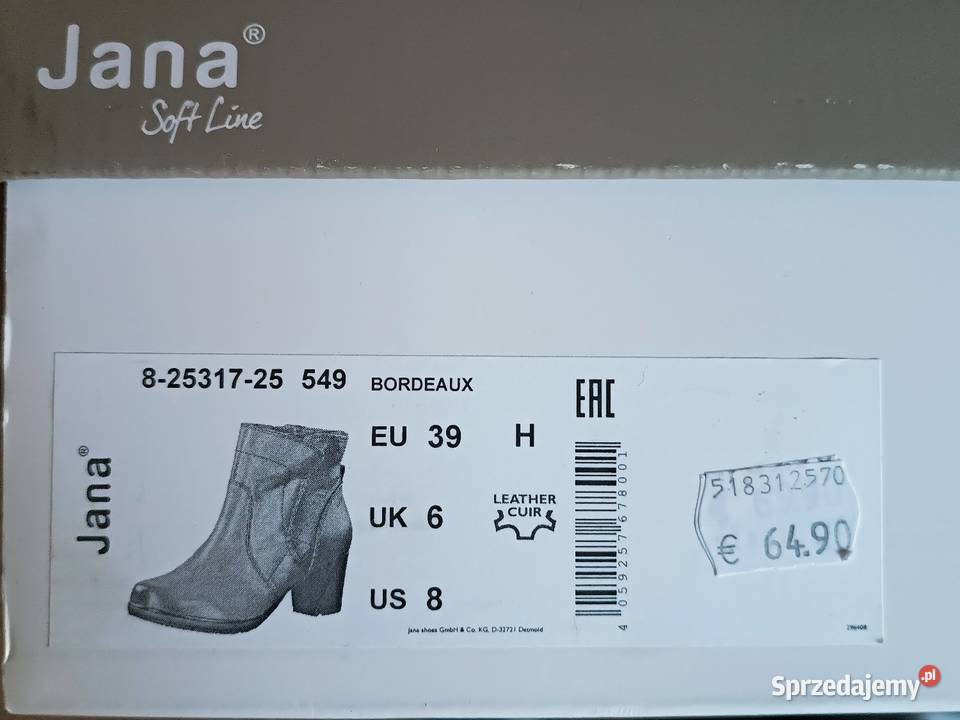 Botki skórzane damskie firmy JANA bordo rozmiar Szczyrk