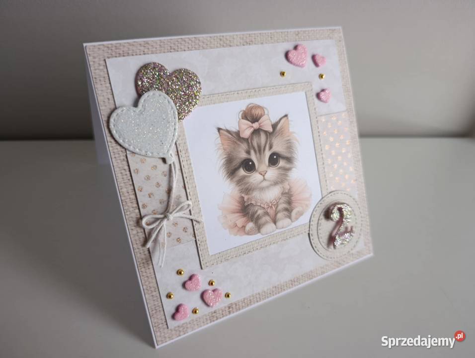 Kartka ręcznie robiona na urodziny z kotkiem sprzedam