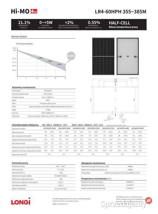 Panel Fotowoltaiczny LONGi HiMO 4m 375W Mono Panele fotowoltaiczne sprzedam