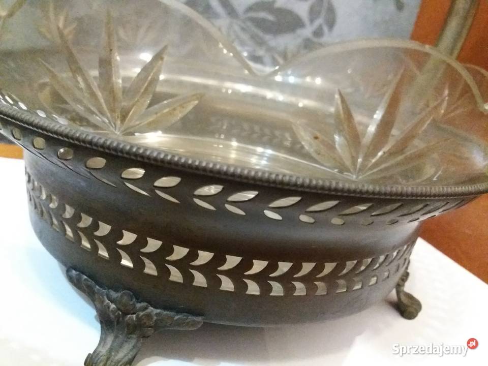 Secesyjna szklana patera w cynowym koszyku Kraków