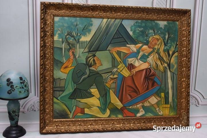 Z Stryjeńska Hucuł i Hucułka Duży Stary Obraz Kraków