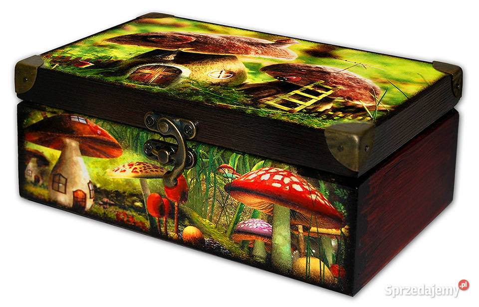 SZKATUŁKA drewniane pudełko GRZYBKI okucia