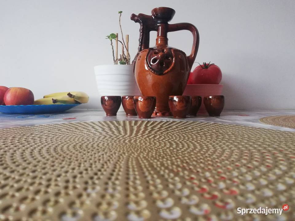 Ozdobny dzban ceramiczny vintage 24 6 kieliszków śląskie Katowice