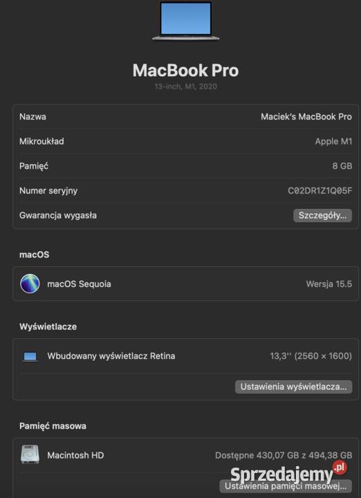 Laptop Apple MacBook Pro 13 M1 2020 133 Apple M błyszcząca Ośno Lubuskie