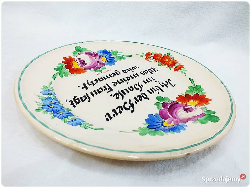 Stary Talerz naścienny malowany z sentencją lata Porcelana i szkło Żary