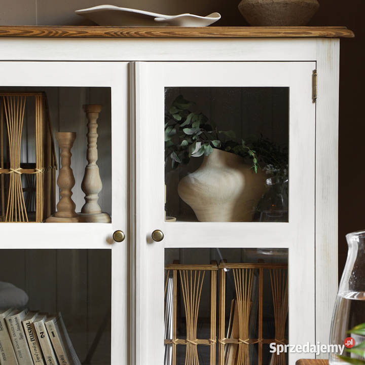 Stylowa biała komoda z przeszklonymi drzwiczkami 100cm