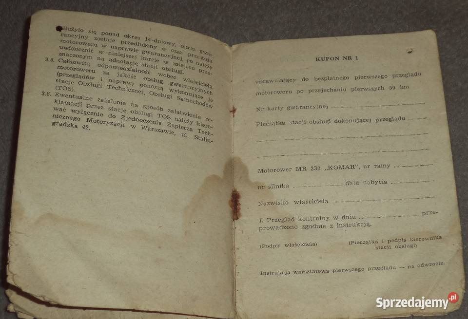 Komar Motorower MR 232 karta gwarancyjna 1967 Piekary Śląskie