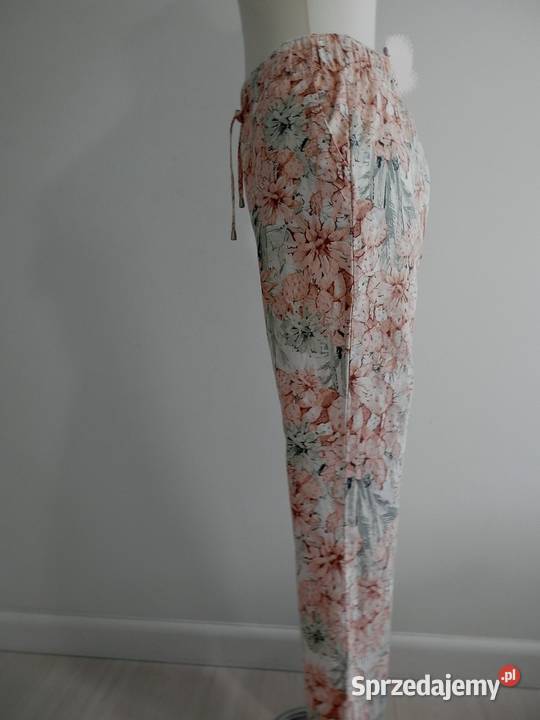 Spodnie Lniane Len Bawełna Białe Kwiaty Łomża