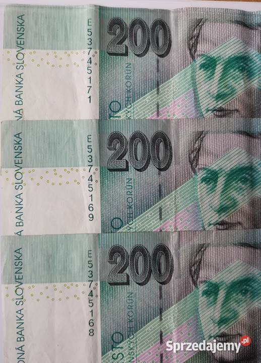 Trzy banknoty 200 koron słoweńskich Grudziądz sprzedam